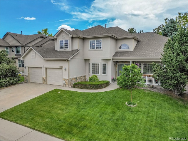 14878 E Aberdeen Ave, Centennial, CO 80016 - view of front facade with stucco siding, driveway, an attached garage, and a shingled roof