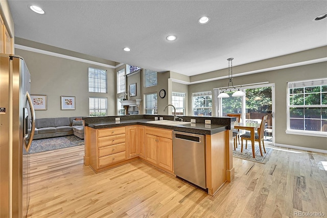 14878 E Aberdeen Ave, Centennial, CO 80016 - kitchen featuring stainless steel appliances, open floor plan, a sink, light wood-style flooring, and a fireplace