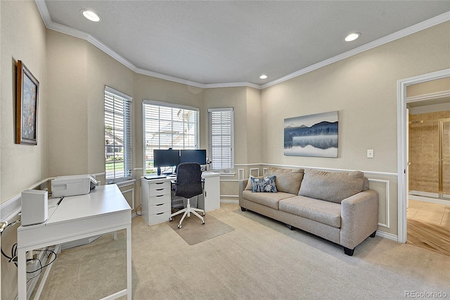 14878 E Aberdeen Ave, Centennial, CO 80016 - office area featuring crown molding, light carpet, recessed lighting, and wainscoting