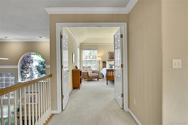 14878 E Aberdeen Ave, Centennial, CO 80016 - hall with light colored carpet, healthy amount of natural light, baseboards, and ornamental molding