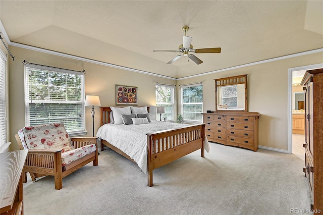 14878 E Aberdeen Ave, Centennial, CO 80016 - bedroom with light colored carpet, vaulted ceiling, a ceiling fan, ornamental molding, and ensuite bathroom