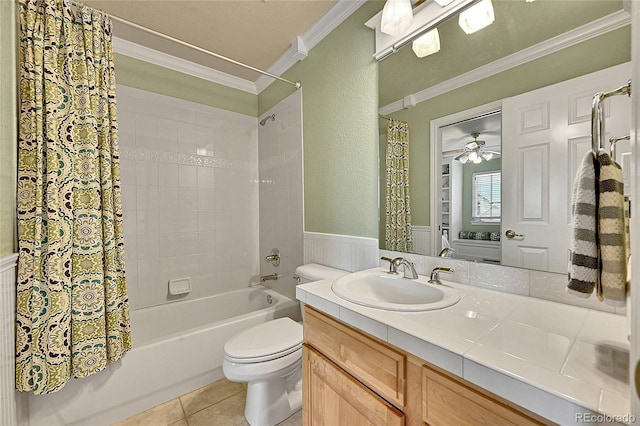 14878 E Aberdeen Ave, Centennial, CO 80016 - full bath with crown molding, toilet, shower / bath combination with curtain, tile patterned flooring, and vanity