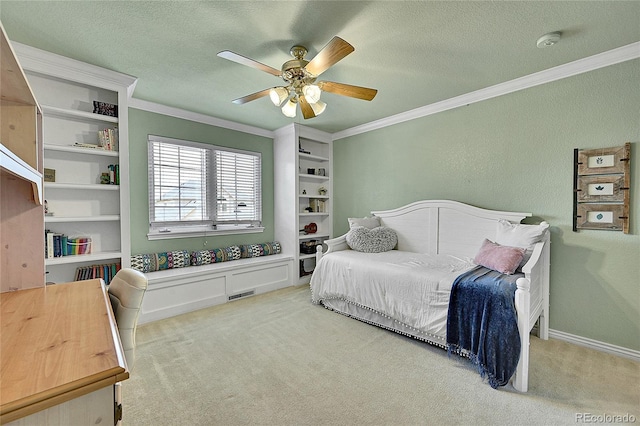 14878 E Aberdeen Ave, Centennial, CO 80016 - carpeted bedroom with crown molding, a textured ceiling, and ceiling fan