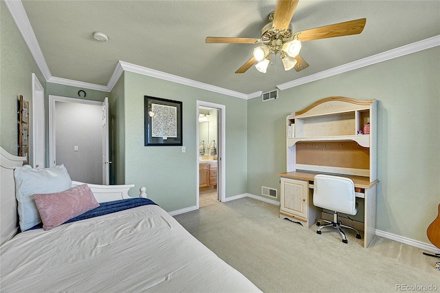 14878 E Aberdeen Ave, Centennial, CO 80016 - bedroom featuring a desk, crown molding, light colored carpet, baseboards, and ceiling fan
