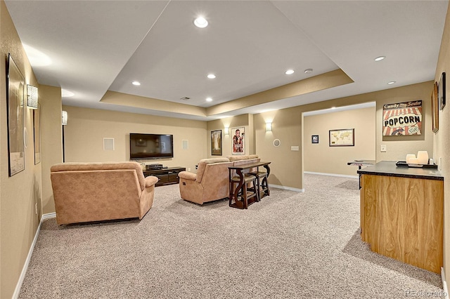 14878 E Aberdeen Ave, Centennial, CO 80016 - home theater room with light carpet, a tray ceiling, baseboards, and recessed lighting