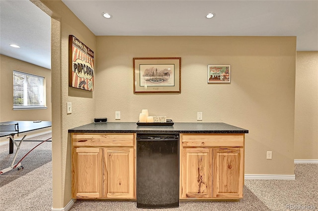 14878 E Aberdeen Ave, Centennial, CO 80016 - kitchen with light colored carpet, dark countertops, baseboards, and recessed lighting