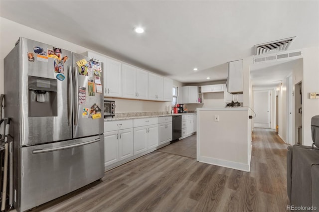 kitchen with dark hardwood / wood-style flooring, dishwasher, stainless steel fridge with ice dispenser, and white cabinets