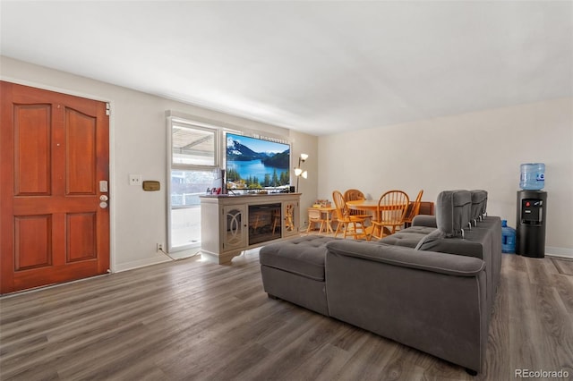 living room featuring dark wood-type flooring and a fireplace