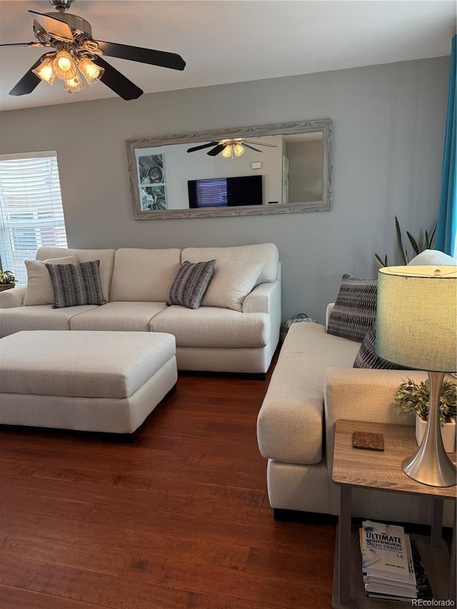 15353 E 98th Pl, Commerce City, CO 80022 - living area featuring a ceiling fan and wood finished floors