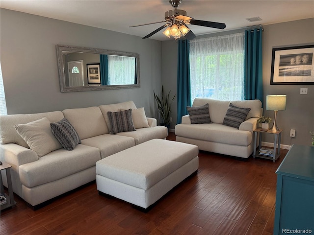 15353 E 98th Pl, Commerce City, CO 80022 - living room with ceiling fan and dark wood-style floors