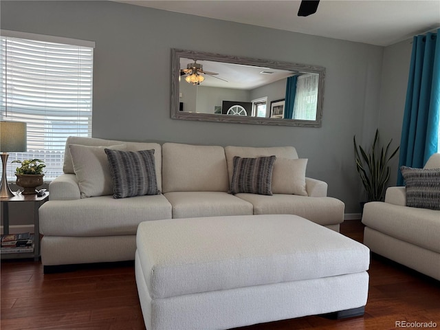 15353 E 98th Pl, Commerce City, CO 80022 - living room featuring ceiling fan and wood finished floors