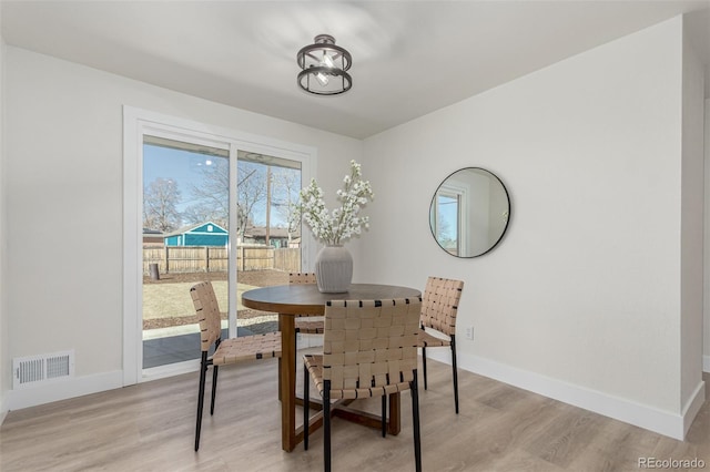 dining room featuring light wood-type flooring, visible vents, and baseboards