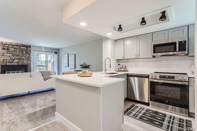 kitchen featuring gray cabinets, light hardwood / wood-style flooring, kitchen peninsula, sink, and appliances with stainless steel finishes