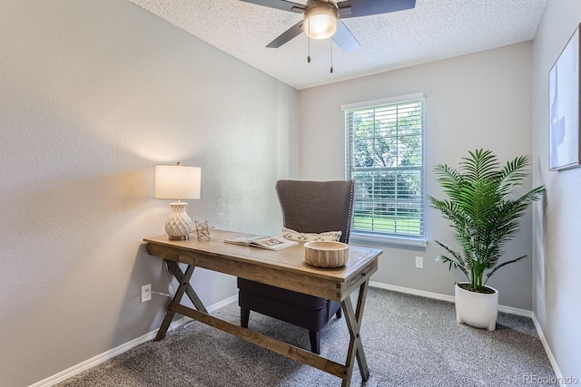 office area with ceiling fan, carpet, and a textured ceiling