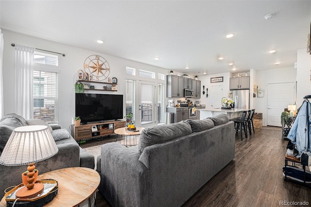 20000 E 40th Ave Unit 4, Denver, CO 80249 - living area with dark wood-style floors and recessed lighting