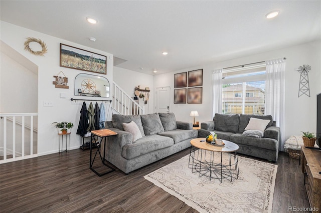 20000 E 40th Ave Unit 4, Denver, CO 80249 - living room with dark wood finished floors, recessed lighting, stairs, and baseboards