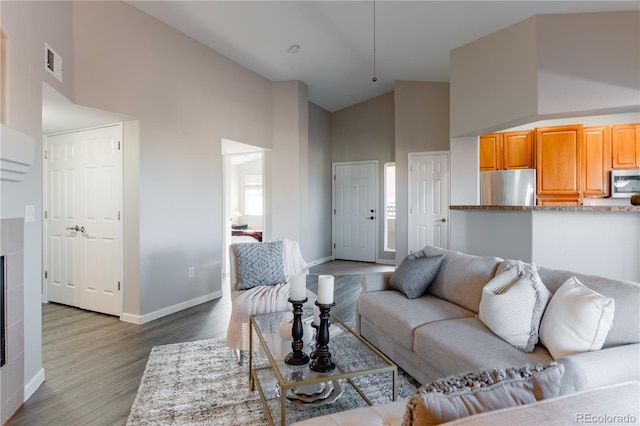 living room featuring a fireplace, wood-type flooring, and high vaulted ceiling