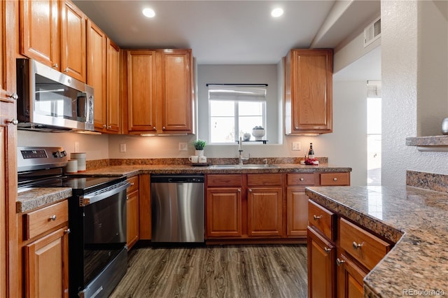 kitchen with sink, dark wood-type flooring, and appliances with stainless steel finishes