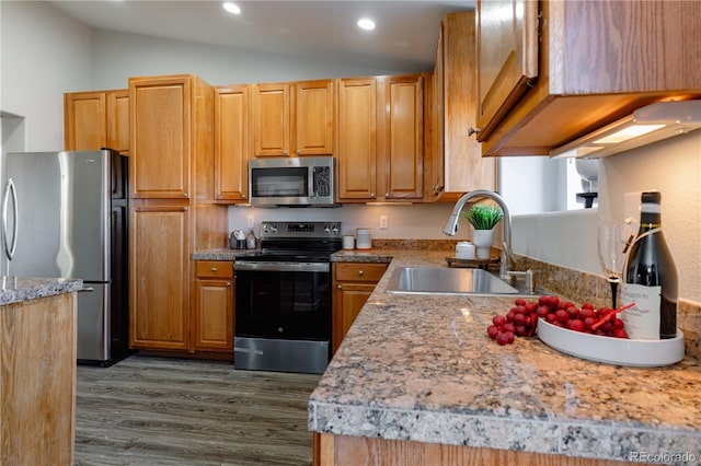 kitchen with stainless steel appliances, lofted ceiling, sink, and dark hardwood / wood-style flooring