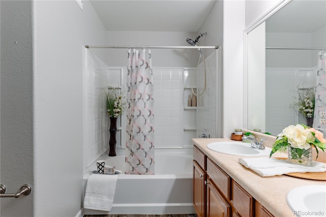 bathroom featuring shower / bath combination with curtain and vanity