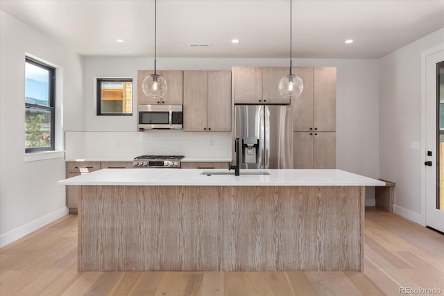 126 Chase St, Salida, CO 81201 - kitchen featuring appliances with stainless steel finishes, a sink, light countertops, a large island with sink, and light wood-type flooring