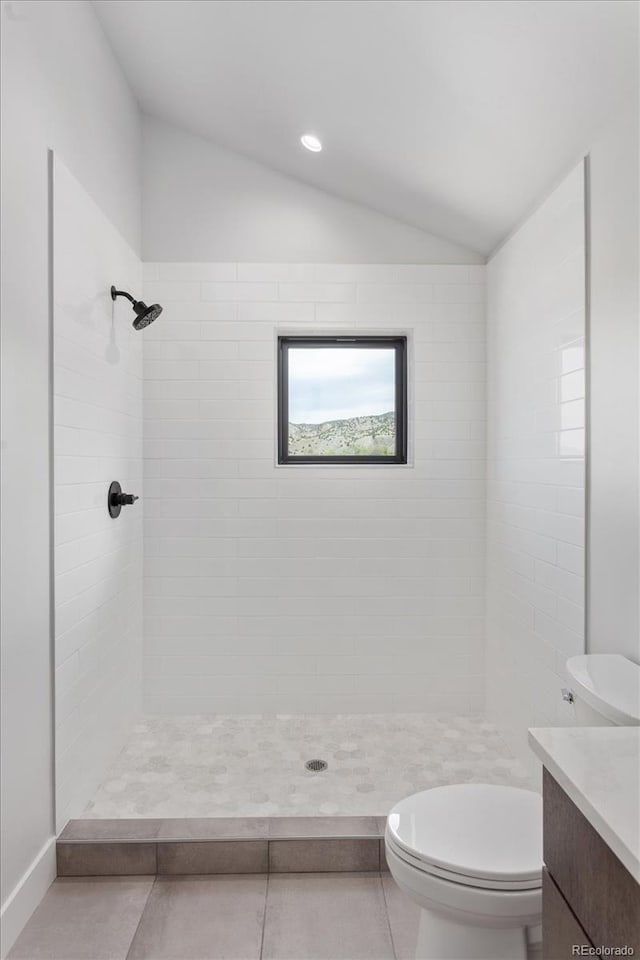 126 Chase St, Salida, CO 81201 - bathroom with toilet, lofted ceiling, a tile shower, vanity, and tile patterned floors