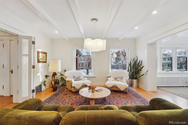 living room featuring crown molding, beamed ceiling, and light wood-type flooring