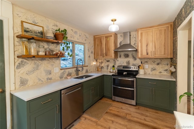 2795 SE Grapevine Rd, Idledale, CO 80453 - kitchen featuring appliances with stainless steel finishes, wall chimney range hood, green cabinets, and a sink