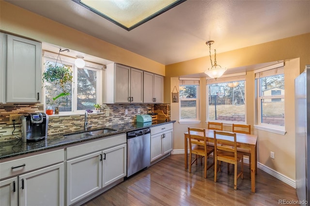 kitchen featuring a sink, backsplash, stainless steel dishwasher, and dark wood-style floors