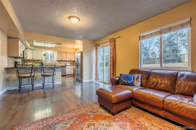 living room featuring baseboards, a textured ceiling, a healthy amount of sunlight, and dark wood-style floors