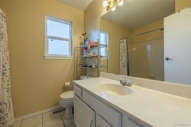 full bath featuring tile patterned flooring, visible vents, baseboards, toilet, and vanity