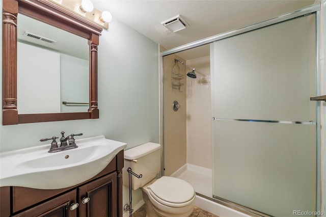 full bath with visible vents, toilet, and a stall shower