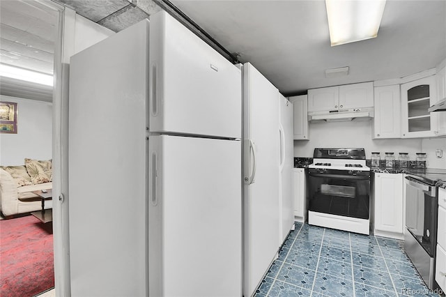 4705 Upham St, Wheat Ridge, CO 80033 - kitchen with white appliances, white cabinets, dark countertops, and glass insert cabinets