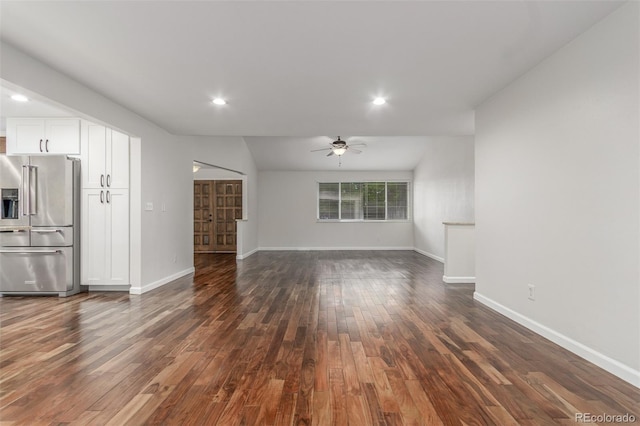 5890 W Quarles Dr, Littleton, CO 80128 - unfurnished living room featuring a ceiling fan, dark wood-type flooring, baseboards, and recessed lighting