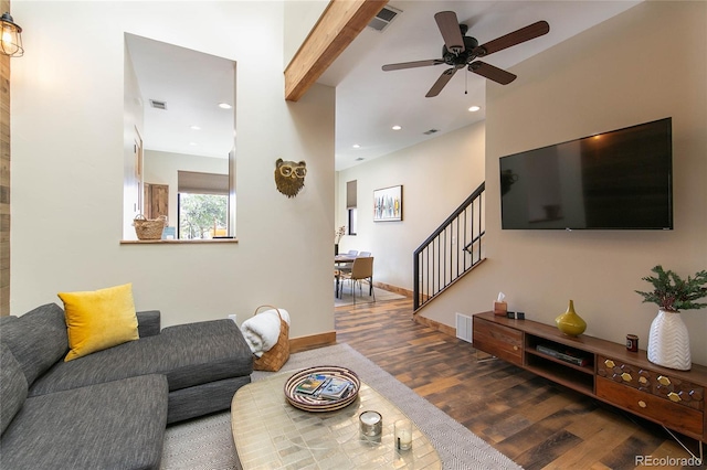 467 E Arkansas St, Buena Vista, CO 81211 - living area with wood finished floors, beamed ceiling, stairway, ceiling fan, and recessed lighting