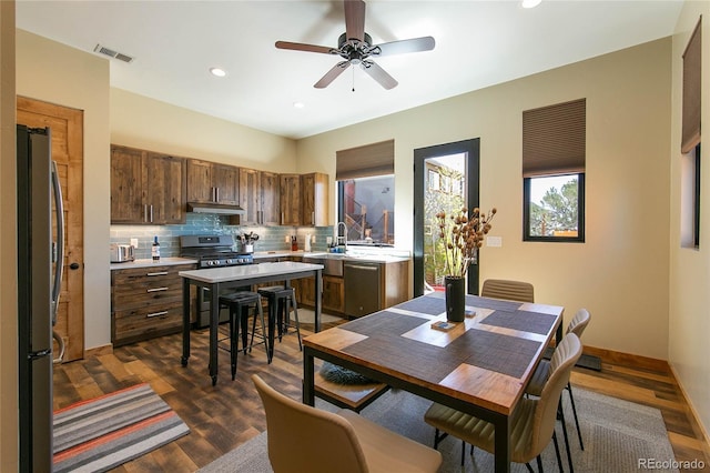 467 E Arkansas St, Buena Vista, CO 81211 - dining area with a ceiling fan, dark wood finished floors, and recessed lighting
