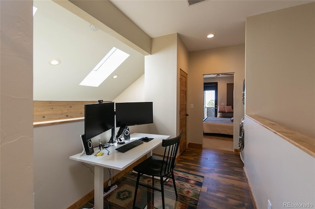 467 E Arkansas St, Buena Vista, CO 81211 - office area featuring a skylight, dark wood-style floors, recessed lighting, baseboards, and vaulted ceiling