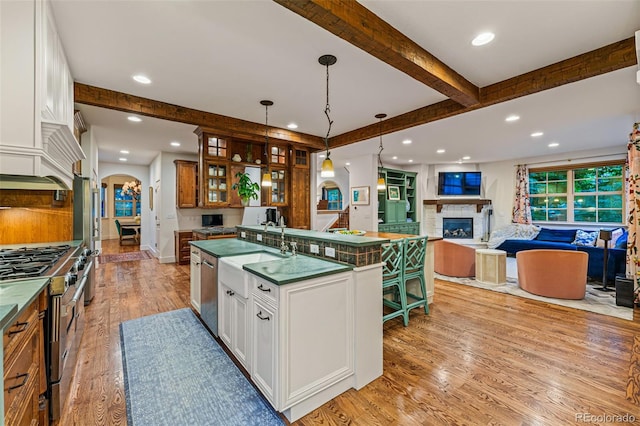 kitchen with pendant lighting, white cabinets, light hardwood / wood-style flooring, stainless steel appliances, and a center island with sink