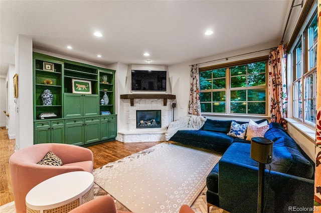 living room with hardwood / wood-style flooring and a stone fireplace