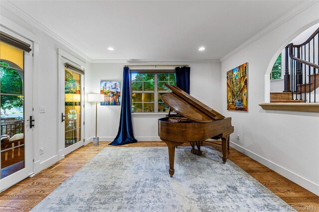 miscellaneous room featuring hardwood / wood-style floors and ornamental molding