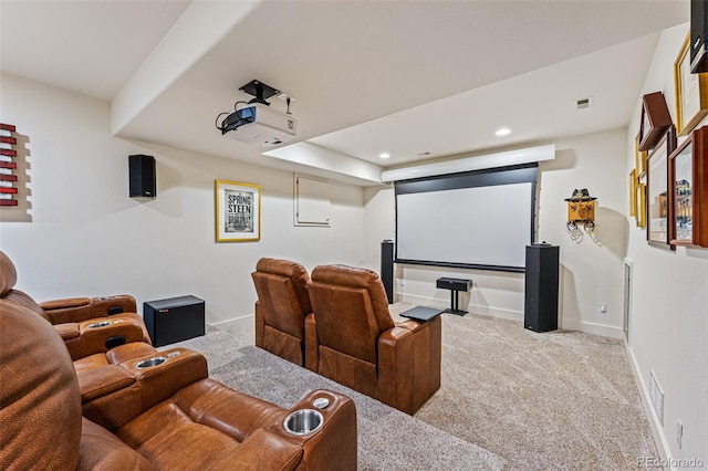 home theater featuring light colored carpet