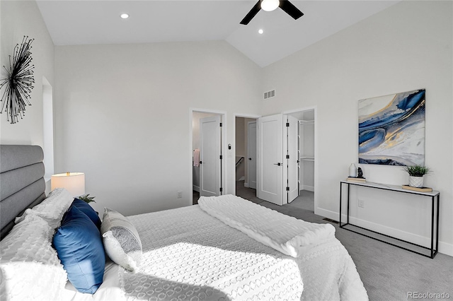 carpeted bedroom featuring recessed lighting, visible vents, a spacious closet, ceiling fan, and baseboards