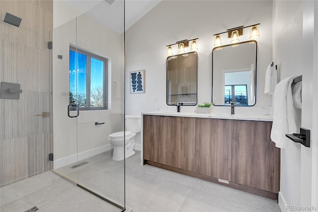 full bath featuring tile patterned flooring, toilet, visible vents, a shower stall, and double vanity