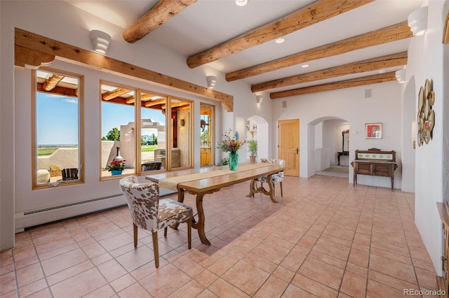 dining space featuring arched walkways, a baseboard heating unit, recessed lighting, light tile patterned flooring, and beamed ceiling