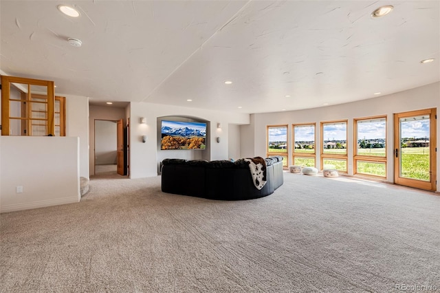 living area featuring carpet and recessed lighting
