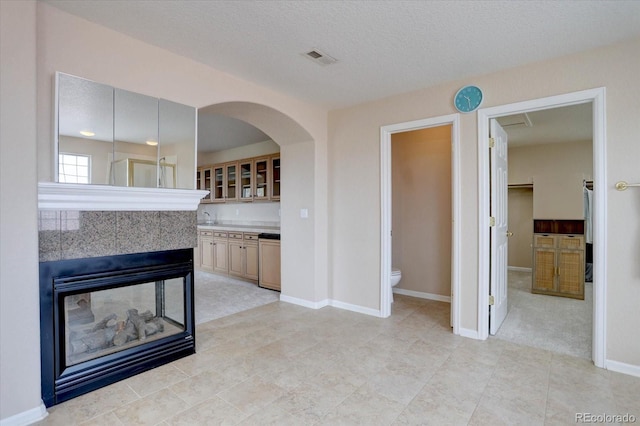 15857 E Aberdeen Ave, Centennial, CO 80016 - unfurnished living room with arched walkways, baseboards, a textured ceiling, and a sink