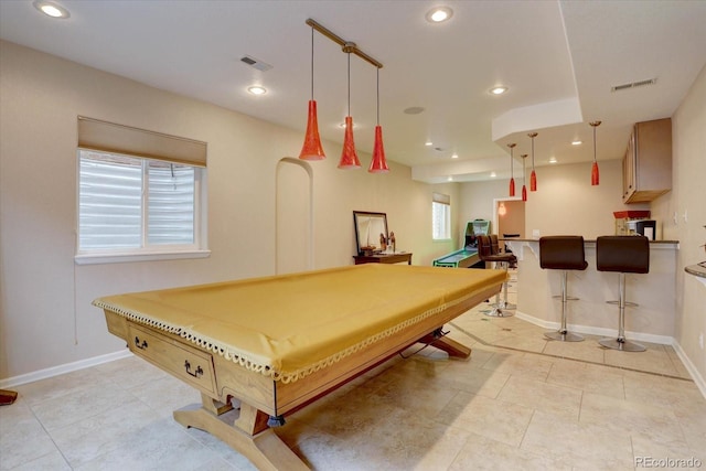 15857 E Aberdeen Ave, Centennial, CO 80016 - playroom featuring billiards, recessed lighting, baseboards, light tile patterned floors, and bar area