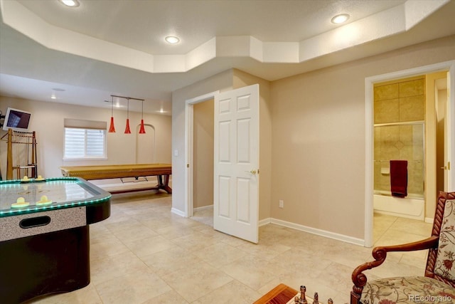 15857 E Aberdeen Ave, Centennial, CO 80016 - playroom featuring a raised ceiling, recessed lighting, light tile patterned flooring, and baseboards