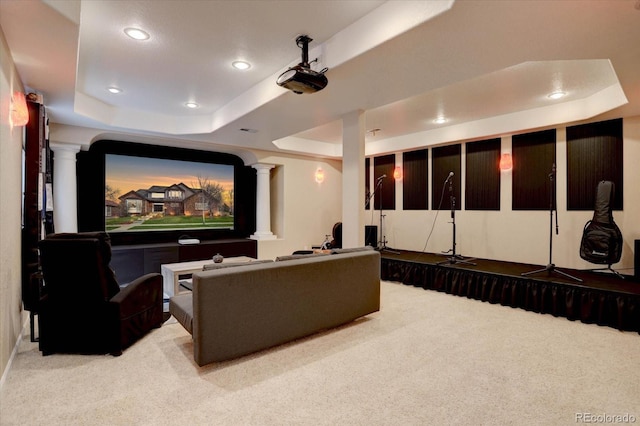 15857 E Aberdeen Ave, Centennial, CO 80016 - cinema with decorative columns, carpet floors, a raised ceiling, and recessed lighting