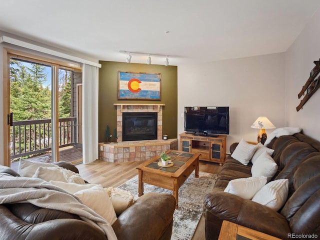 10000 Ryan Gulch Rd Unit 114, Silverthorne, CO 80498 - living room featuring wood finished floors, a fireplace, and track lighting